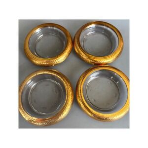 Vtg 4 Pc Glass Coasters with Ornate Gold Tone Metal Rims Floral Embossed